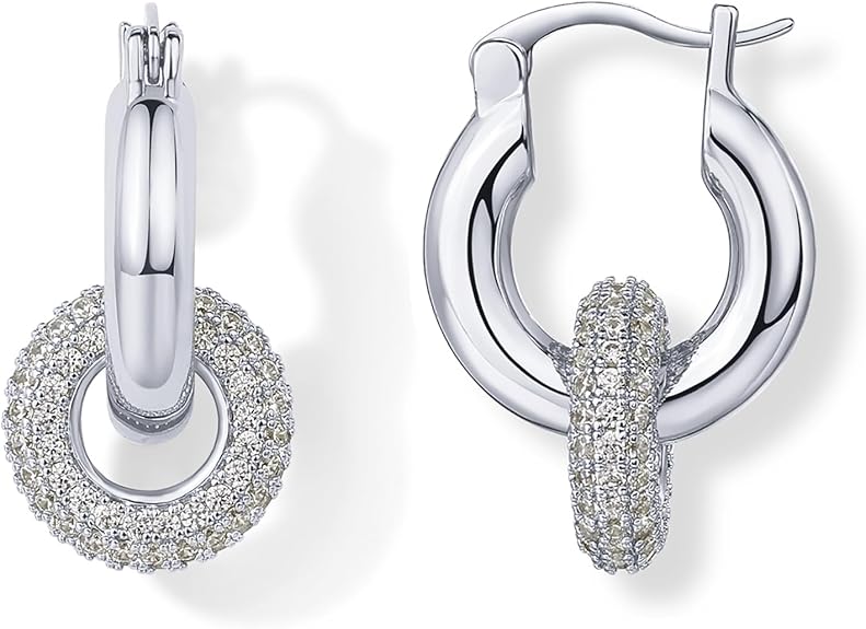 Convertible Chunky Hoop and Huggie Earrings - Cubic Zirconia CZ Drop Dangle Earrings for Women