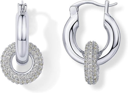 Convertible Chunky Hoop and Huggie Earrings - Cubic Zirconia CZ Drop Dangle Earrings for Women