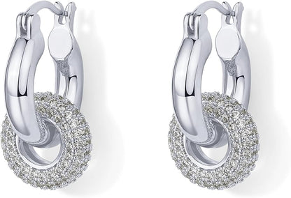 Convertible Chunky Hoop and Huggie Earrings - Cubic Zirconia CZ Drop Dangle Earrings for Women