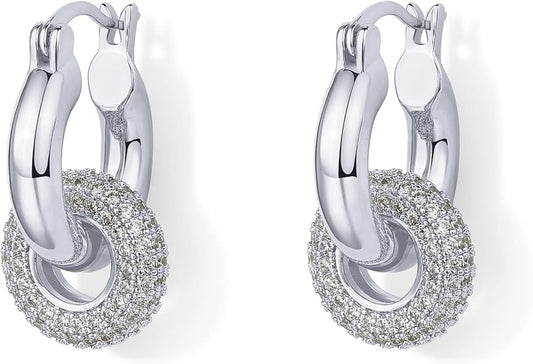 Convertible Chunky Hoop and Huggie Earrings - Cubic Zirconia CZ Drop Dangle Earrings for Women