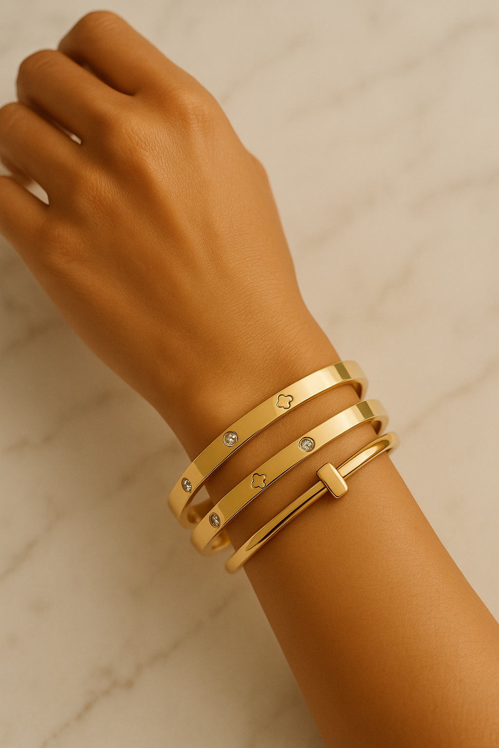 3pcs 18k gold plated stainless steel four leaf clover bracelets for party and daily wear inlaid cubic zirconia suitable for gifts for girls women friends weddings birthdays Valentine's Day (3-pieces)