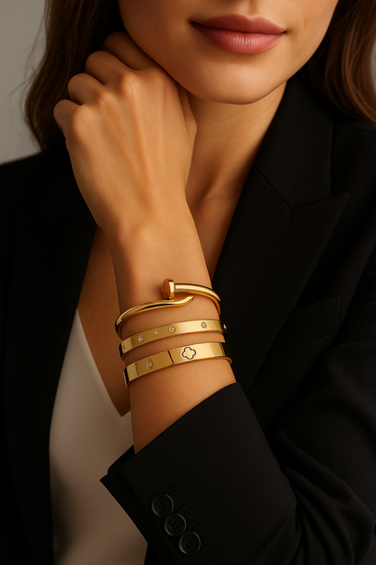 3pcs 18k gold plated stainless steel four leaf clover bracelets for party and daily wear inlaid cubic zirconia suitable for gifts for girls women friends weddings birthdays Valentine's Day (3-pieces)